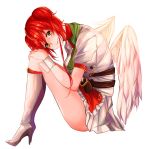  1girl ayubee boots dress green_eyes high_heels highres long_hair looking_at_viewer redhead shirt simple_background sitting smile solo white_background white_dress white_shirt white_wings wings 