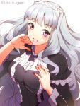  1girl center_frills eyebrows eyebrows_visible_through_hair frills idolmaster long_hair ookami_maito open_mouth shijou_takane silver_hair simple_background solo twitter_username upper_body violet_eyes white_background 