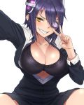  1girl breasts cleavage eyepatch grin highres kantai_collection large_breasts mob3 purple_hair sharp_teeth simple_background smile solo teeth tenryuu_(kantai_collection) v white_background yellow_eyes 