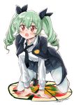  1girl absurdres all_fours anchovy anzio_(emblem) black_necktie black_ribbon black_shoes black_skirt blouse blush blush_stickers cape drill_hair eyebrows eyebrows_visible_through_hair girls_und_panzer green_hair hair_between_eyes hair_ribbon highres loafers long_hair long_sleeves looking_at_viewer necktie open_mouth pantyhose pleated_skirt red_eyes ribbon school_uniform shoes shoulder_belt skirt solo takuji_yuusaku twin_drills twintails white_blouse white_legwear 