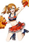  1girl arm_up armpits blue_eyes blush breasts cheerleader cleavage crop_top fingerless_gloves gloves groin headset inline_skates kousaka_honoka looking_at_viewer love_live! love_live!_school_idol_festival love_live!_school_idol_project midriff miniskirt navel okuba open_mouth pom_poms roller_skates side_ponytail skates skirt smile solo takaramonozu teeth twintails white_background 