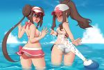  2girls ass baseball_cap beach bikini bikini_skirt blue_eyes blue_sky breasts brown_hair bubble bubble_blowing commentary day double_bun hat kuroonehalf mei_(pokemon) multiple_girls ocean one_eye_closed outdoors partially_submerged piplup pokemon pokemon_(creature) pokemon_(game) pokemon_bw pokemon_bw2 sideboob sky swimsuit touko_(pokemon) twintails visor_cap water 