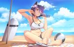  1girl arm_up armpits ball barefoot beach beach_towel beachball bikini bottle breasts checkered checkered_necktie cleavage clouds day eyepatch flip-flops grin headgear highres indian_style kantai_collection large_breasts looking_at_viewer mochi_(chain_csn) navel necktie necktie_removed ocean outdoors purple_hair sand sandals sandals_removed short_hair sitting sky smile soles solo spilling swimsuit tenryuu_(kantai_collection) toes towel white_bikini yellow_eyes 