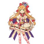  1girl :d cake carrying detached_sleeves dress food food_themed_clothes green_eyes hat long_hair low-tied_long_hair official_art open_mouth orange_hair smile solo striped striped_legwear thigh-highs transparent_background tray uchi_no_hime-sama_ga_ichiban_kawaii 
