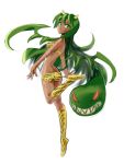  1girl ass bokenasu boots breasts cosplay dark_skin from_behind fukua_(skullgirls) green_eyes green_hair horns knee_boots lips long_hair lum lum_(cosplay) oni prehensile_hair shamone_(skullgirls) skullgirls solo swimsuit tiger_print urusei_yatsura 