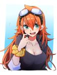 1girl amano_tora blue_background blush breasts cleavage goggles goggles_on_head green_eyes highres kazenoko long_hair open_mouth original redhead smile solo 