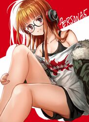  1girl bare_shoulders black_eyes copyright_name fur_trim glasses headphones long_hair looking_at_viewer nishizawa off_shoulder orange_hair persona persona_5 sakura_futaba smile solo tank_top 