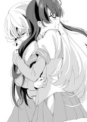  2girls akashi_(kantai_collection) blush crying glasses greyscale hip_vent hug kantai_collection long_hair monochrome multiple_girls myama ooyodo_(kantai_collection) semi-rimless_glasses thighs under-rim_glasses white_background yuri 