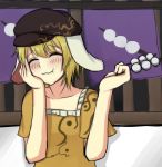  1girl :t ^_^ absurdres animal_ears blonde_hair blush closed_eyes collarbone commentary_request dango eating flat_cap food hand_on_own_cheek hat highres holding holding_food orange_shirt ozu_(agito100001) rabbit_ears ringo_(touhou) shirt short_hair short_sleeves solo touhou upper_body wagashi 