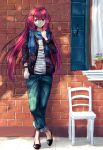  1girl alternate_costume brick_wall chair denim fal fate/grand_order fate_(series) highres jeans long_hair pants plant potted_plant purple_hair scarf scathach_(fate/grand_order) smile solo violet_eyes watch watch 