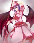 1girl absurdres bat_wings blue_hair breasts commentary_request dress highres large_wings looking_at_viewer medium_breasts older polearm red_eyes remilia_scarlet solo spear spear_the_gungnir touhou vampire weapon wings zeramu 