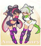  +_+ 2girls alternate_costume alternate_headwear anniversary aori_(splatoon) bangs black_boots black_gloves black_hair black_shirt black_skirt boots brown_eyes conomi-c5 copyright_name domino_mask earrings english fangs fingerless_gloves full_body gloves grey_hair hairband hand_to_own_mouth hotaru_(splatoon) jewelry long_hair looking_at_viewer mask midriff miniskirt mole mole_under_eye multiple_girls navel one_eye_closed open_mouth pleated_skirt pointing pointing_at_viewer pointy_ears shirt short_hair simple_background skirt sleeves_rolled_up smile splatoon standing standing_on_one_leg tentacle_hair thigh-highs thigh_boots white_background white_shirt white_skirt 