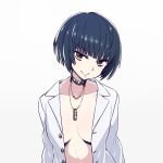  1girl black_hair breasts brown_eyes chan_co collar collarbone gradient gradient_background grin jewelry looking_at_viewer medium_breasts naked_shirt necklace persona persona_5 shirt short_hair simple_background smile solo takemi_tae upper_body 