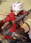  1boy artist_request beltskirt black_gloves black_pants blazblue copyright gloves green_eyes hair_between_eyes heterochromia holding holding_weapon jacket long_sleeves male_focus pants ragna_the_bloodedge red red_eyes red_jacket silver_hair solo sword weapon 