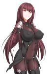  1girl bodysuit breasts fate/grand_order fate_(series) highres impossible_clothes kyuubu large_breasts long_hair looking_at_viewer pauldrons purple_hair red_eyes scathach_(fate/grand_order) solo very_long_hair 
