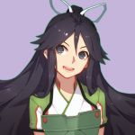  1girl arms_at_sides black_hair blue_eyes hair_between_eyes hair_ribbon japanese_clothes kantai_collection katsuragi_(kantai_collection) long_hair looking_to_the_side open_mouth ponytail portrait ribbon simple_background sola7764 solo very_long_hair white_ribbon 
