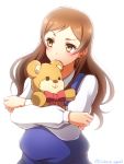  1girl bow bowtie brown_hair character_request holding long_hair ookami_maito red_bow simple_background solo stuffed_animal stuffed_toy teddy_bear upper_body white_background yellow_eyes 