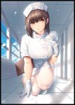  1girl :&gt; absurdres black_border blue_sky border breasts brown_hair closed_mouth day full_body gloves hat highres kneeling looking_at_viewer medium_breasts nurse nurse_cap original pantyhose rico_(game00985) sky smile solo thighs white_gloves 