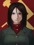  1girl blue_eyes breasts brown_hair eyebrows eyelashes girls_und_panzer hair_between_eyes large_breasts lips military military_uniform minami_koyogi nonna pravda_(emblem) realistic solo turtleneck uniform upper_body 