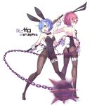  2girls animal_ears ball_and_chain blue_eyes blue_hair bow bowtie bunny_girl bunny_tail bunnysuit copyright_name detached_collar flail hair_over_one_eye huge_weapon knife looking_back multiple_girls open_mouth pantyhose rabbit_ears ram_(re:zero) re:zero_kara_hajimeru_isekai_seikatsu red_eyes redhead rem_(re:zero) sando_(dukedevil) short_hair siblings sisters tail thighband_pantyhose weapon wrist_cuffs 