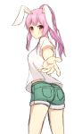 1girl absurdres animal_ears casual highres long_hair outstretched_hand ozu_(agito100001) pink_eyes pink_hair ponytail rabbit_ears reisen_udongein_inaba shirt short_shorts shorts smile solo t-shirt touhou white_shirt 