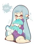  1girl aqua_hair bangs bike_shorts black_shorts blunt_bangs blush conomi-c5 domino_mask fang fangs full_body holding inkling long_hair looking_at_another mask open_mouth pointy_ears red_eyes shorts simple_background sitting splatoon squid tearing_up tentacle_hair wariza white_background 