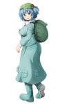 1girl backpack bag blue_eyes blue_hair boots breasts enbanzyou frilled_shirt_collar frills from_side full_body hair_bobbles hair_ornament hat kawashiro_nitori key long_sleeves looking_at_viewer looking_to_the_side medium_breasts parted_lips plump pocket rubber_boots short_hair skirt skirt_set solo touhou two_side_up white_background 