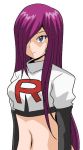  1girl alternate_hairstyle crop_top earrings elbow_gloves expressionless gloves hair_over_one_eye jewelry koutarosu long_hair musashi_(pokemon) navel pokemon pokemon_(anime) purple_hair solo team_rocket white_background 