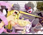  2girls angel_and_devil angewomon bare_shoulders belt blonde_hair breastplate breasts chain claws cleavage demon_girl digimon digimon_adventure feathered_wings feathers hair_pull helmet ladydevimon long_hair mask materclaws multiple_girls pale_skin rage_face red_eyes silver_hair single_glove torn_clothes winged_helmet wings 