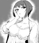  1girl artist_name breasts cleavage greyscale hand_on_own_face highres jjune looking_to_the_side monochrome original parted_lips short_hair solo 