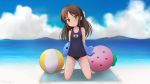  1girl ball beach beachball blush bow brown_eyes brown_hair clouds cloudy_sky hair_bow highres horizon idolmaster idolmaster_cinderella_girls kneeling long_hair looking_at_viewer ocean old_school_swimsuit one-piece_swimsuit onion_(lemlaml) school_swimsuit signature sky solo swimsuit tachibana_arisu twitter_username 