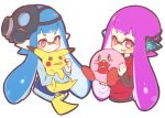  2girls bangs blue_hair blunt_bangs blush blush_stickers cheek_pinching company_connection conomi-c5 cropped_torso domino_mask fang fangs gas_mask headgear holding inkling kirby kirby_(series) layered_clothing long_hair long_sleeves looking_at_another looking_at_viewer mask multiple_girls open_mouth pikachu pinching pointy_ears pokemon pokemon_(creature) purple_hair red_eyes shirt short_over_long_sleeves simple_background smile splatoon squidbeak_splatoon t-shirt tentacle_hair upper_body violet_eyes white_background 