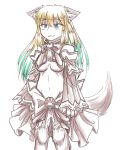  1girl :3 animal_ears aqua_hair bare_shoulders blonde_hair blue_eyes breasts bwsnowy claws cu_sith_(monster_girl_encyclopedia) dog_ears dog_tail gradient_hair highres monster_girl monster_girl_encyclopedia multicolored_hair paw_print paws revealing_clothes simple_background sketch skirt solo stomach tail two-tone_hair under_boob white_background wide_sleeves 
