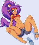  1girl average-hanzo black_panties blue_eyes blush bracelet breasts crop_top dark_skin earrings full_body grey_background headband highres jewelry long_hair midriff navel open_fly panties pantyshot pantyshot_(sitting) pointy_ears ponytail purple_hair sandals shantae_(character) shantae_(series) short_shorts shorts single_shoe sitting solo spread_legs toe_scrunch toes under_boob underwear very_long_hair 