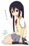  1girl black_hair blush brown_eyes k-on! long_hair looking_at_viewer nakano_azusa ragho_no_erika school_uniform seiza sitting solo translation_request twintails 