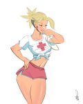  1girl bandaid bandaid_on_nose bare_legs blonde_hair breasts brown_eyes commentary covered_nipples front-tie_top hand_on_hip high_ponytail lifeguard medium_breasts mercy_(overwatch) midriff navel overwatch philip_bawasanta ponytail red_cross short_hair short_shorts shorts sketch solo whistle 