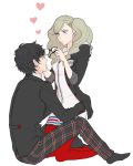  1boy 1girl black_hair blonde_hair blue_eyes glasses glasses_removed grey_hair heart jacket kneeling kurusu_akira minato_(robin) pantyhose persona persona_5 red_legwear takamaki_ann twintails 