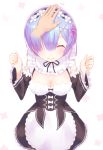  (tat) 1girl ^_^ apron black_ribbon blue_hair blush breasts cleavage clenched_hands closed_eyes detached_sleeves frilled_sleeves frills hair_between_eyes hair_ornament hair_over_one_eye hair_ribbon hand_on_another&#039;s_head happy highres maid maid_headdress petting pink_ribbon pov re:zero_kara_hajimeru_isekai_seikatsu rem_(re:zero) ribbon ribbon_trim short_hair smile solo_focus underbust x_hair_ornament 