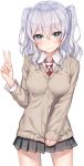  1girl argyle argyle_necktie blush closed_mouth collared_shirt cowboy_shot eyebrows eyebrows_visible_through_hair grey_eyes grey_skirt hair_between_eyes hakuishi_aoi hand_gesture kantai_collection kashima_(kantai_collection) long_hair long_sleeves looking_at_viewer miniskirt necktie pleated_skirt shirt silver_hair simple_background skirt smile solo sweater thighs twintails v wavy_hair white_background white_shirt wing_collar 