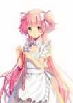  1girl apron bow cleavage_cutout dated duzie_e earrings frills goddess_madoka hair_bow highres jewelry kaname_madoka long_hair looking_at_viewer mahou_shoujo_madoka_magica pink_hair puffy_short_sleeves puffy_sleeves red_string short_sleeves smile solo string two_side_up very_long_hair white_background yellow_eyes 