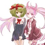  2girls blush_stickers bow dangan_ronpa fake_horns green_eyes green_hair hair_bow hair_ribbon hairband jacket long_hair monaka_(dangan_ronpa) multiple_girls pink_eyes pink_hair ribbon seiya_(se12ze) short_hair smile twintails utsugi_kotoko zettai_zetsubou_shoujo 