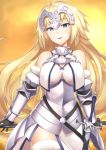  1girl bare_shoulders blonde_hair blue_eyes breasts fate/apocrypha fate/grand_order fate_(series) gauntlets helmet long_hair looking_at_viewer p!nta ruler_(fate/apocrypha) sheath sheathed smile solo sword thigh-highs weapon white_legwear 