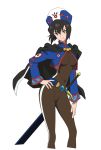  1girl absurdres black_hair bodysuit capelet chloe_valens covered_navel cropped_legs hand_on_hip hat highres jacket long_sleeves nakazawa_kazuto official_art short_hair smile solo sword tales_of_(series) tales_of_legendia weapon yellow_eyes 
