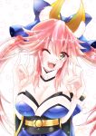  1girl animal_ears bare_shoulders bow breasts cleavage detached_sleeves fate/extra fate/grand_order fate_(series) fox_ears hair_bow hair_ribbon highres japanese_clothes large_breasts looking_at_viewer narumi_kyousuke one_eye_closed open_mouth pink_hair ribbon solo tamamo_(fate)_(all) tamamo_no_mae_(fate) yellow_eyes 