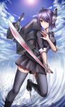  1girl absurdres black_legwear black_shirt black_skirt eyepatch highres holding holding_sword holding_weapon kantai_collection outdoors pleated_skirt purple_hair shirt short_hair skirt solo sword tenryuu_(kantai_collection) thigh-highs weapon yellow_eyes zqzqy 