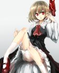  1girl ascot black_skirt black_vest blonde_hair bloomers gradient gradient_background grey_background hair_ribbon hair_tousle looking_at_viewer playing_with_own_hair red_eyes red_shoes ribbon rumia shoes short_hair sitting skirt solo tosk_(swav-coco) touhou underwear white_legwear 