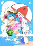  1girl absurdres ball bare_shoulders beach beach_umbrella beachball bikini blue_eyes blue_hair blue_sky boots breasts cleavage cucumber eraser eyebrows fishing_hook fishing_line fishing_rod flanvia food fruit goggles goggles_on_headwear hair_bobbles hair_ornament hat highres innertube kawashiro_nitori key key_necklace knee_boots large_breasts midriff mouth_hold navel notebook ocean pen rubber_boots running shaved_ice short_hair side-tie_bikini sky solo stereo strapless strapless_bikini straw_hat sun_hat swimsuit teruterubouzu touhou two_side_up umbrella water water_drop watermelon white_bikini wind_chime 