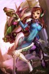  1girl :d acronym arm_cannon ass_visible_through_thighs bangs bodysuit boots bracer breasts breasts_apart brown_eyes brown_hair building bunny_print character_name charm_(object) clouds cloudy_sky covered_navel cowboy_shot d.va_(overwatch) facepaint facial_mark finger_on_trigger freeze-ex gatling_gun gloves gun hand_up handgun headphones holding holding_gun holding_weapon knee_pads leaning_to_the_side legs_together long_hair long_sleeves looking_at_viewer mecha medium_breasts meka_(overwatch) open_mouth overwatch pauldrons pilot_suit ribbed_bodysuit shoulder_pads skin_tight sky smile solo thigh-highs thigh_boots thigh_strap turtleneck weapon whisker_markings white_boots white_gloves 