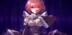  1girl angry baisi_shaonian clenched_teeth commentary crying crying_with_eyes_open detached_sleeves frilled_sleeves frills hair_ornament light_particles looking_at_viewer maid maid_headdress nail_polish night pink_hair pink_nails ram_(re:zero) re:zero_kara_hajimeru_isekai_seikatsu red_eyes short_hair solo tears teeth tree upper_body x_hair_ornament 