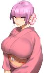  1girl bangs blunt_bangs breasts fuyou_(nanairo_reincarnation) japanese_clothes kimono looking_at_viewer nanairo_reincarnation obmas_(pfeito) purple_hair sash simple_background smile solo violet_eyes white_background 